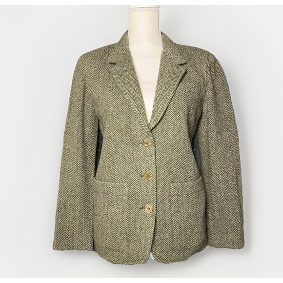 VTG Lizsport Sz 2P Petite 100 Wool Herringbone Tweed Blazer Jacket Leather Elbow - Picture 1 of 8